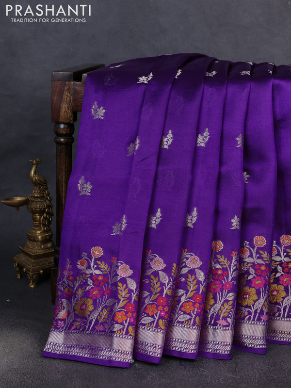 Banarasi poona silk saree violet with silver zari woven buttas and thread & zari floral design border