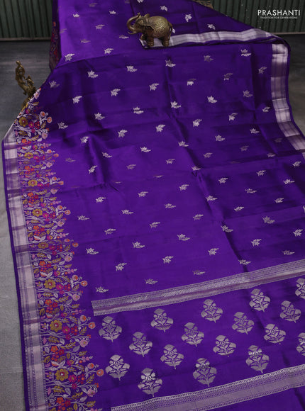 Banarasi poona silk saree violet with silver zari woven buttas and thread & zari floral design border