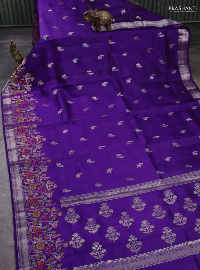 Banarasi poona silk saree violet with silver zari woven buttas and thread & zari floral design border