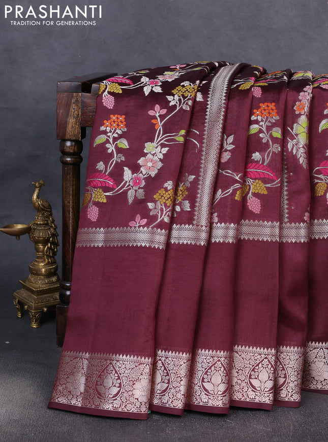 Banarasi poona silk saree coffee brown with allover thread & zari weaves and silver zari woven border