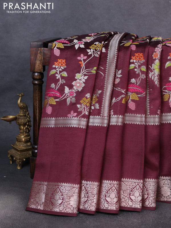 Banarasi poona silk saree coffee brown with allover thread & zari weaves and silver zari woven border