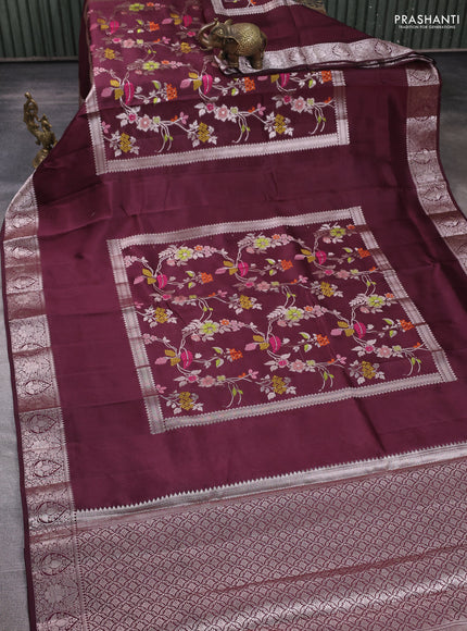 Banarasi poona silk saree coffee brown with allover thread & zari weaves and silver zari woven border