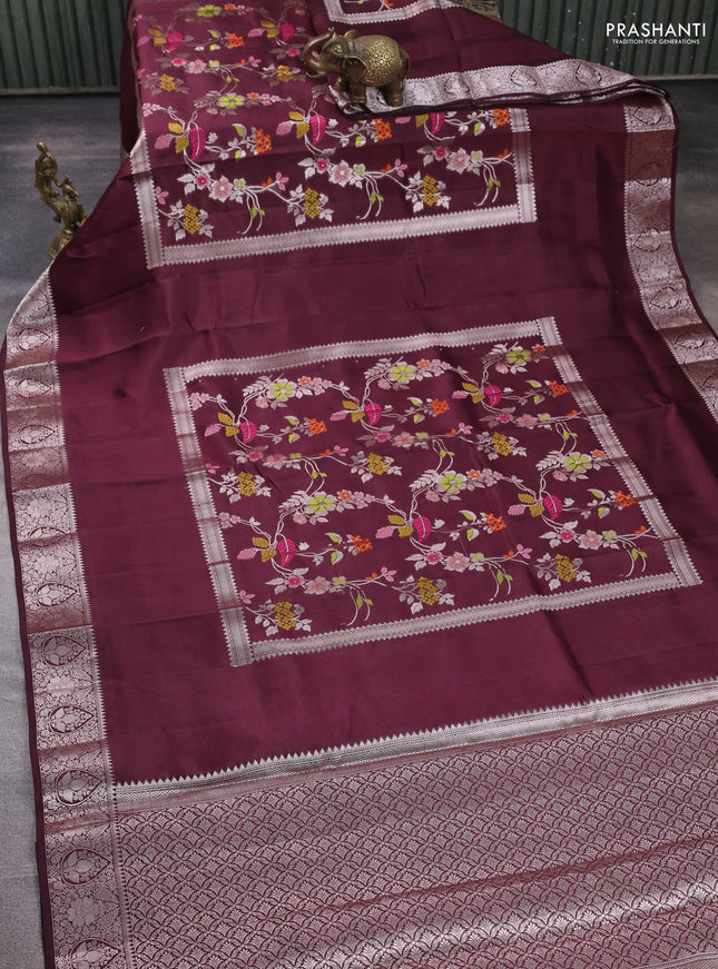 Banarasi poona silk saree coffee brown with allover thread & zari weaves and silver zari woven border