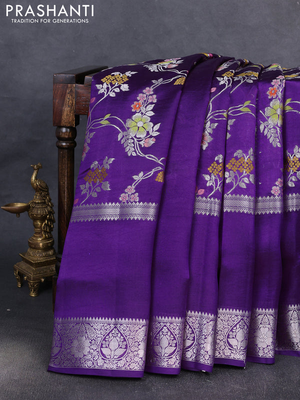 Banarasi poona silk saree violet with allover thread & zari weaves and rettapet silver zari woven border