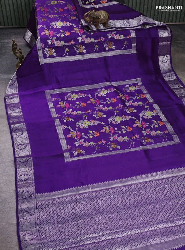 Banarasi poona silk saree violet with allover thread & zari weaves and rettapet silver zari woven border