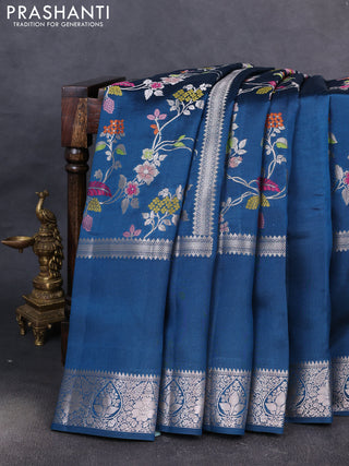 Banarasi poona silk saree peacock blue with allover thread & zari weaves and rettapet silver zari woven border