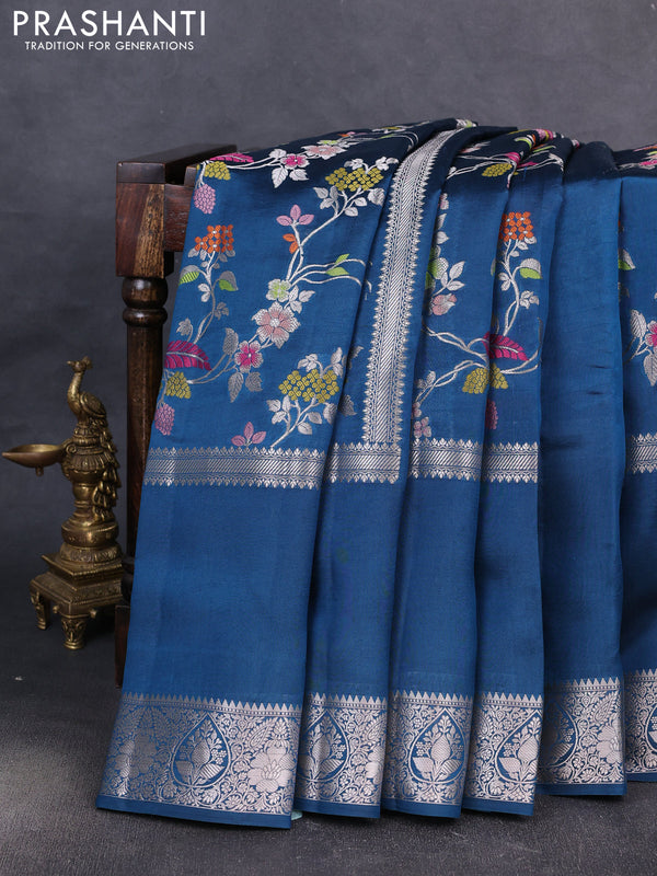 Banarasi poona silk saree peacock blue with allover thread & zari weaves and rettapet silver zari woven border