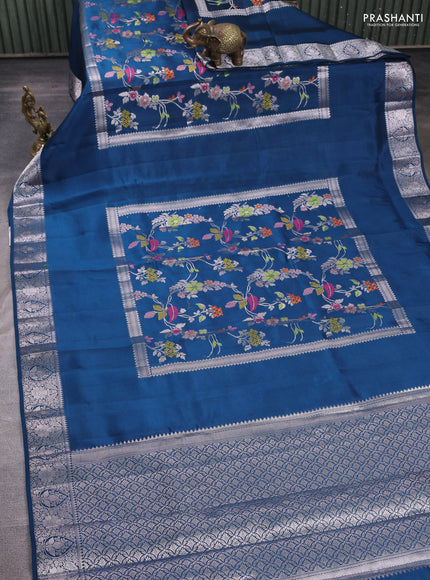 Banarasi poona silk saree peacock blue with allover thread & zari weaves and rettapet silver zari woven border