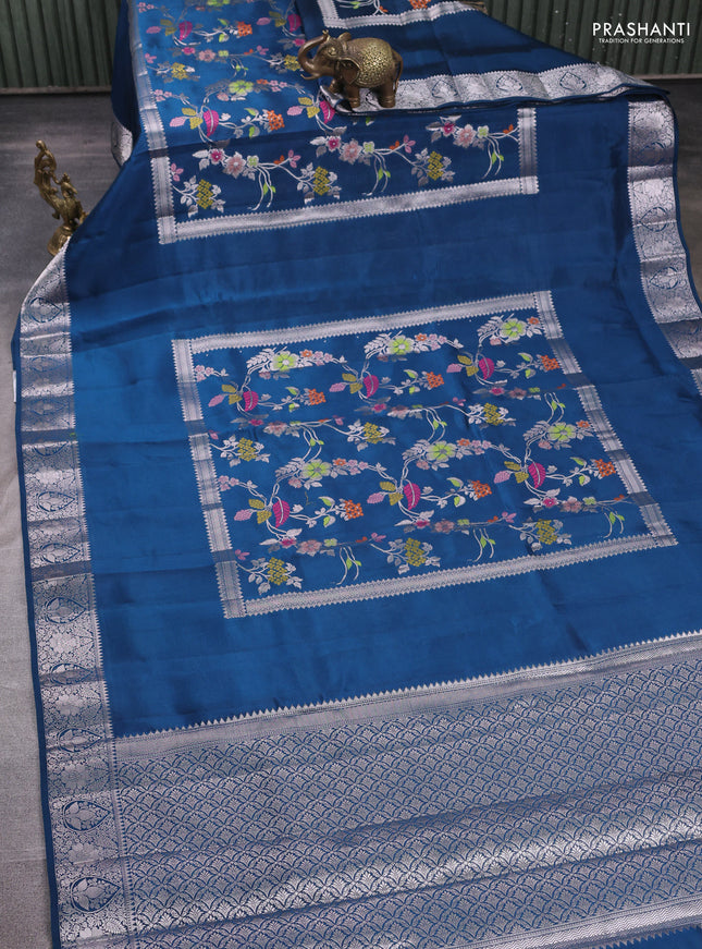 Banarasi poona silk saree peacock blue with allover thread & zari weaves and rettapet silver zari woven border
