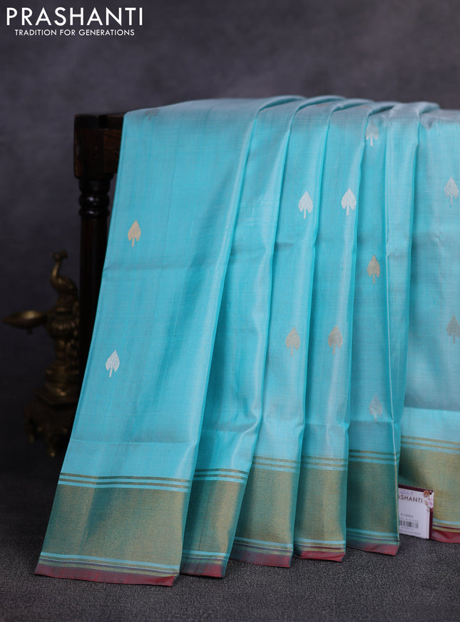 Pure uppada silk saree teal blue and red with allover silver & gold zari woven buttas and zari woven border