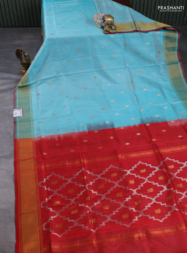 Pure uppada silk saree teal blue and red with allover silver & gold zari woven buttas and zari woven border