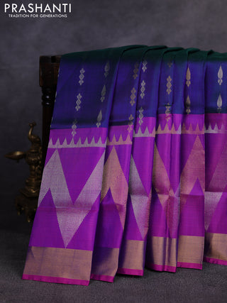 Pure uppada silk saree peacock blue and pink with allover silver & gold zari woven buttas and long zari woven border