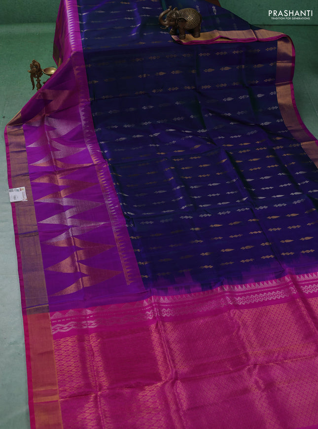 Pure uppada silk saree peacock blue and pink with allover silver & gold zari woven buttas and long zari woven border