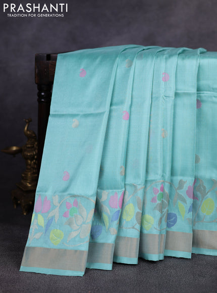 Pure uppada silk saree teal blue with allover thread & zari woven paisley buttas and jamdhani weaving pallu