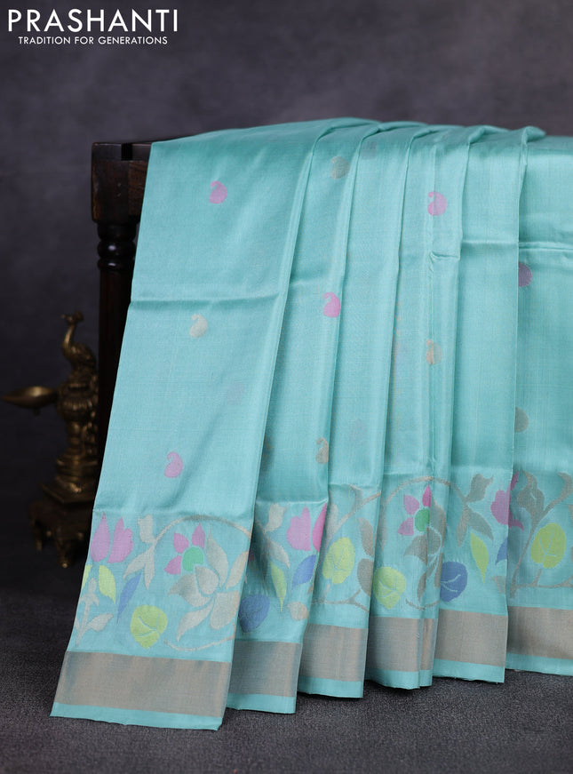 Pure uppada silk saree teal blue with allover thread & zari woven paisley buttas and jamdhani weaving pallu