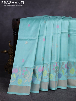 Pure uppada silk saree teal blue with allover thread & zari woven paisley buttas and jamdhani weaving pallu