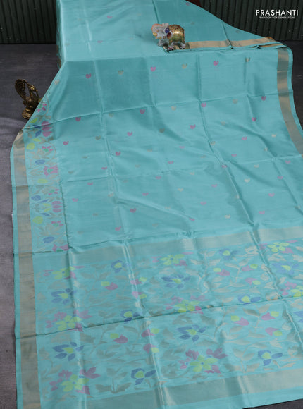 Pure uppada silk saree teal blue with allover thread & zari woven paisley buttas and jamdhani weaving pallu