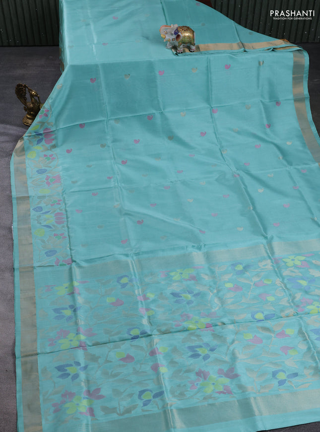 Pure uppada silk saree teal blue with allover thread & zari woven paisley buttas and jamdhani weaving pallu
