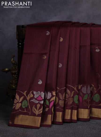 Pure uppada silk saree coffee brown with allover thread & zari woven paisley buttas and jamdhani weaving pallu