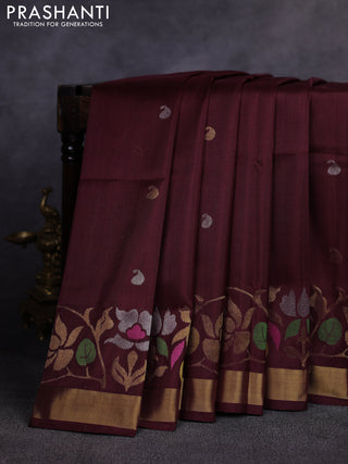 Pure uppada silk saree coffee brown with allover thread & zari woven paisley buttas and jamdhani weaving pallu