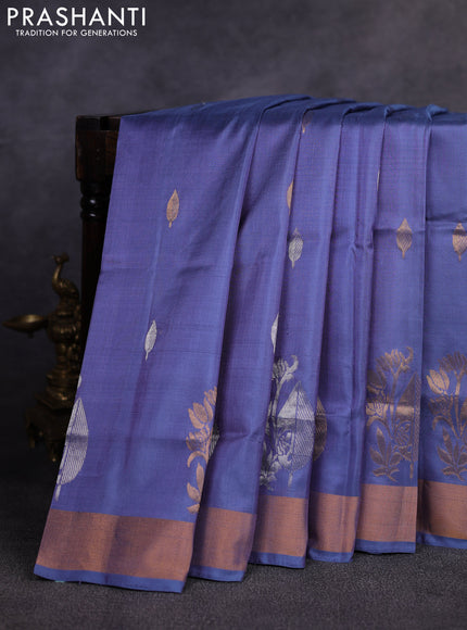 Pure uppada silk saree bluish grey with allover silver & gold zari woven buttas and long zari woven butta border
