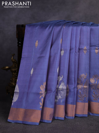 Pure uppada silk saree bluish grey with allover silver & gold zari woven buttas and long zari woven butta border