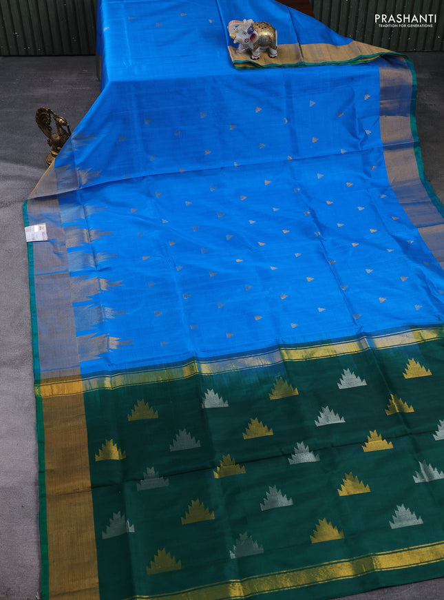 Pure uppada silk saree cs blue and green with allover silver & gold zari woven buttas and temple design zari woven border