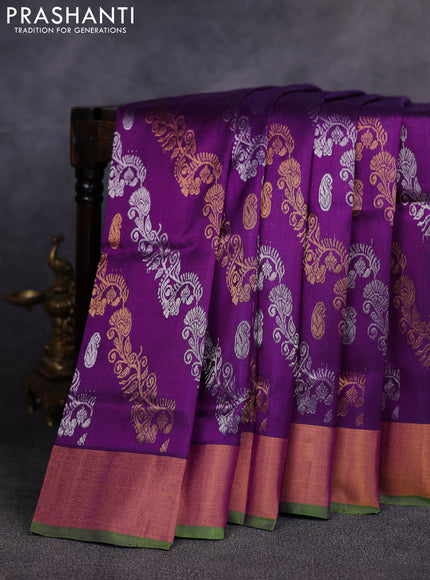 Pure uppada silk saree purple and green with allover silver & gold zari weaves and zari woven border