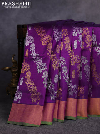 Pure uppada silk saree purple and green with allover silver & gold zari weaves and zari woven border