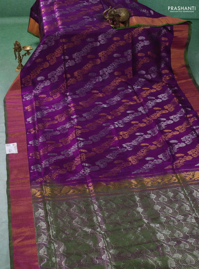 Pure uppada silk saree purple and green with allover silver & gold zari weaves and zari woven border