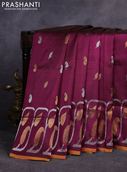 Pure uppada silk saree deep wine and mustard yellow with allover silver & gold zari woven buttas and long zari woven butta border