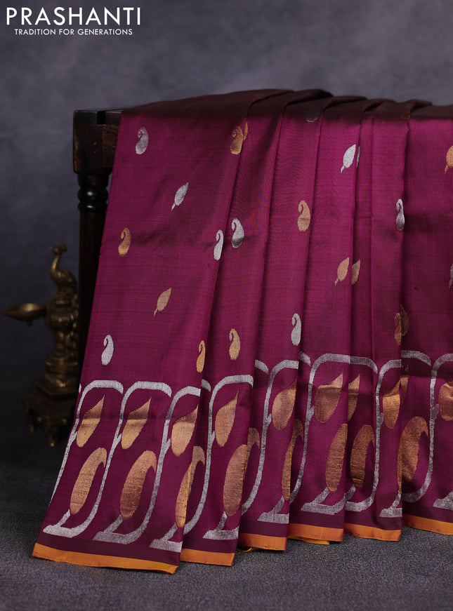 Pure uppada silk saree deep wine and mustard yellow with allover silver & gold zari woven buttas and long zari woven butta border