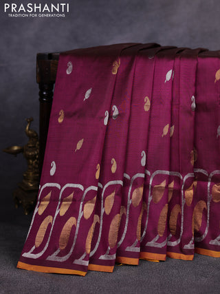 Pure uppada silk saree deep wine and mustard yellow with allover silver & gold zari woven buttas and long zari woven butta border
