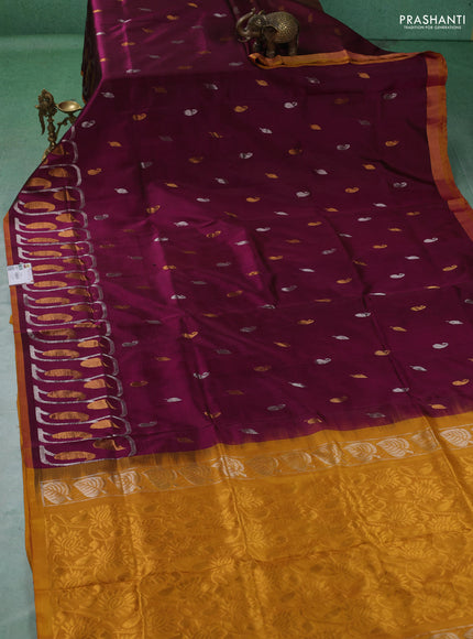Pure uppada silk saree deep wine and mustard yellow with allover silver & gold zari woven buttas and long zari woven butta border