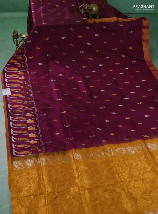 Pure uppada silk saree deep wine and mustard yellow with allover silver & gold zari woven buttas and long zari woven butta border