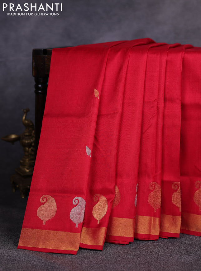 Pure uppada silk saree red with allover silver & gold zari woven buttas and zari woven paisley butta border