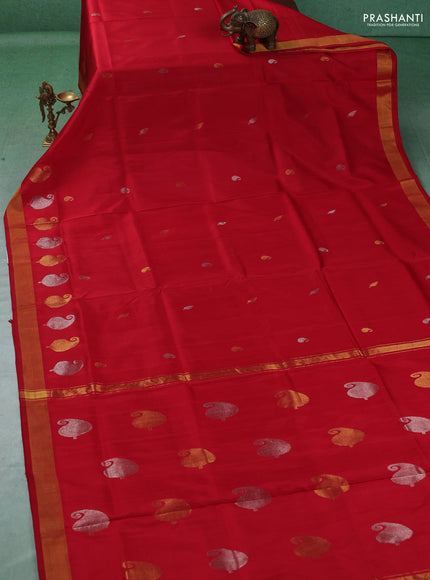 Pure uppada silk saree red with allover silver & gold zari woven buttas and zari woven paisley butta border