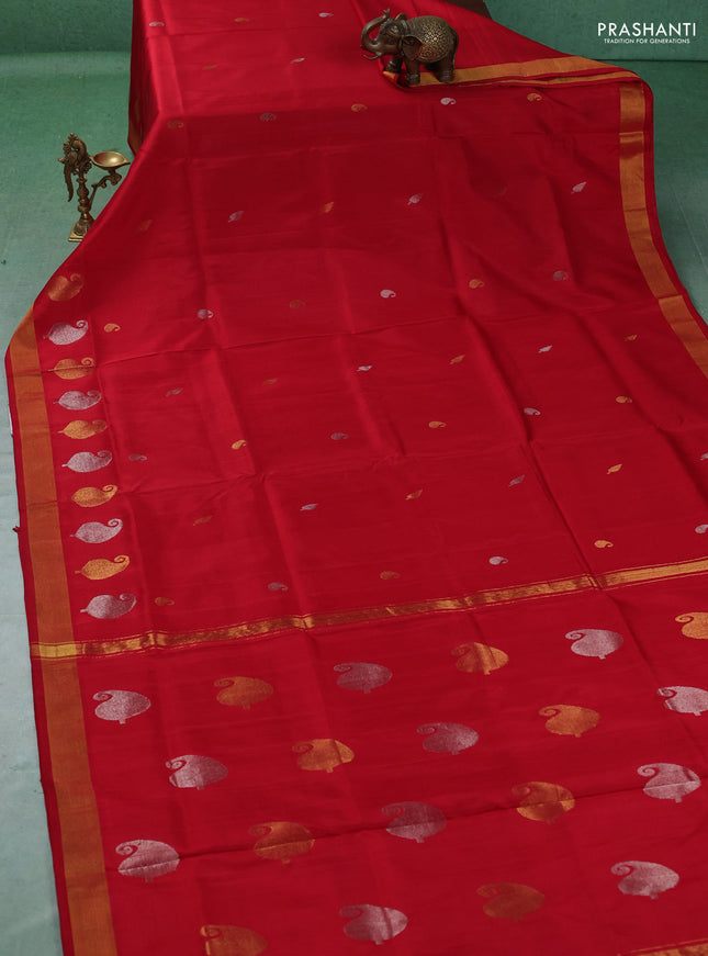 Pure uppada silk saree red with allover silver & gold zari woven buttas and zari woven paisley butta border