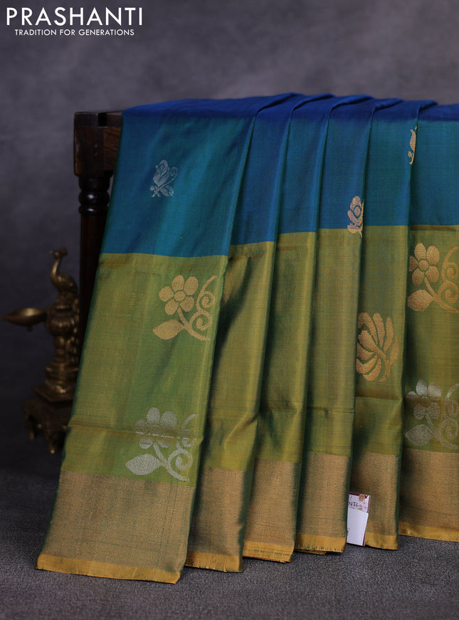 Pure uppada silk saree peacock blue and mustard yellow with allover silver & gold zari woven buttas and long zari woven butta border