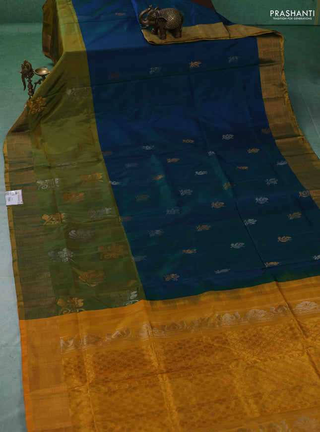 Pure uppada silk saree peacock blue and mustard yellow with allover silver & gold zari woven buttas and long zari woven butta border