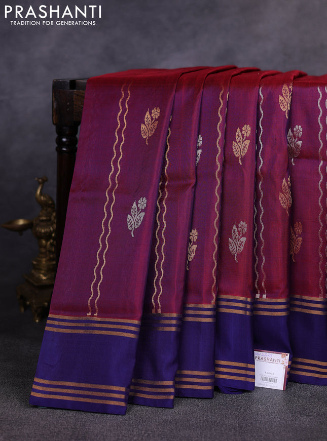 Pure uppada silk saree deep wine and navy blue with allover silver & gold zari weaves & buttas and rettapet zari woven border