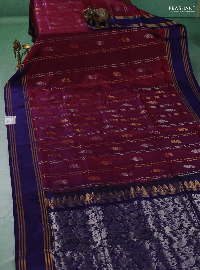 Pure uppada silk saree deep wine and navy blue with allover silver & gold zari weaves & buttas and rettapet zari woven border