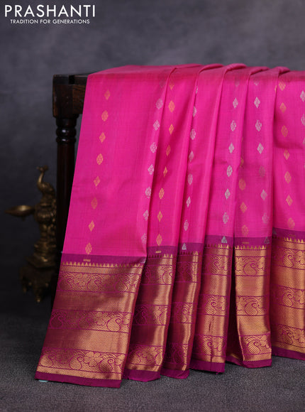 Pure uppada silk saree pink and magenta pink with allover silver & gold zari woven buttas and long zari woven border