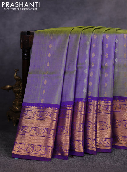 Pure uppada silk saree dual shade of greenish violet and coffee brown with allover silver & gold zari woven buttas and long zari woven border