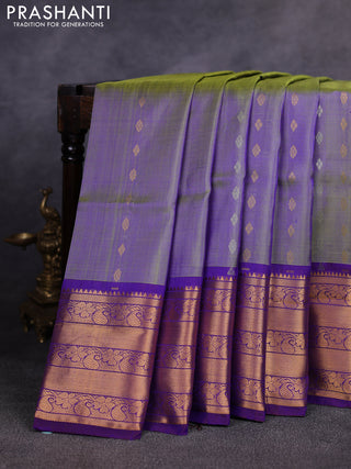 Pure uppada silk saree dual shade of greenish violet and coffee brown with allover silver & gold zari woven buttas and long zari woven border