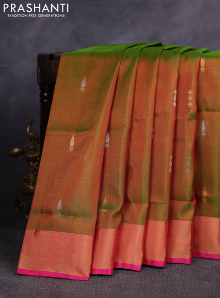 Pure uppada silk saree dual shade of green and pink with allover silver & gold zari woven buttas and zari woven border