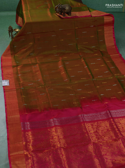Pure uppada silk saree dual shade of green and pink with allover silver & gold zari woven buttas and zari woven border