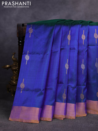 Pure uppada silk saree dual shade of bluish green and mustard yellow with allover silver & gold zari woven buttas and zari woven border