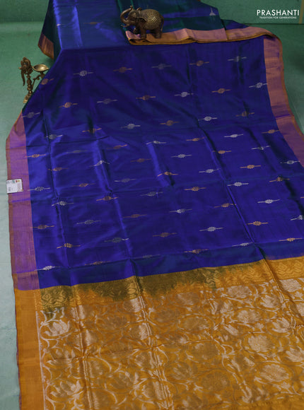 Pure uppada silk saree dual shade of bluish green and mustard yellow with allover silver & gold zari woven buttas and zari woven border