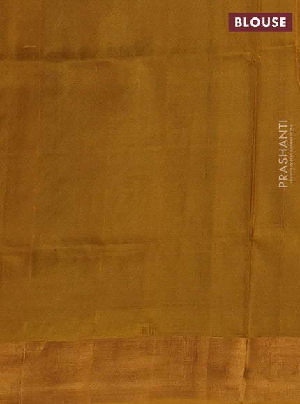 Pure uppada silk saree dual shade of bluish green and mustard yellow with allover silver & gold zari woven buttas and zari woven border